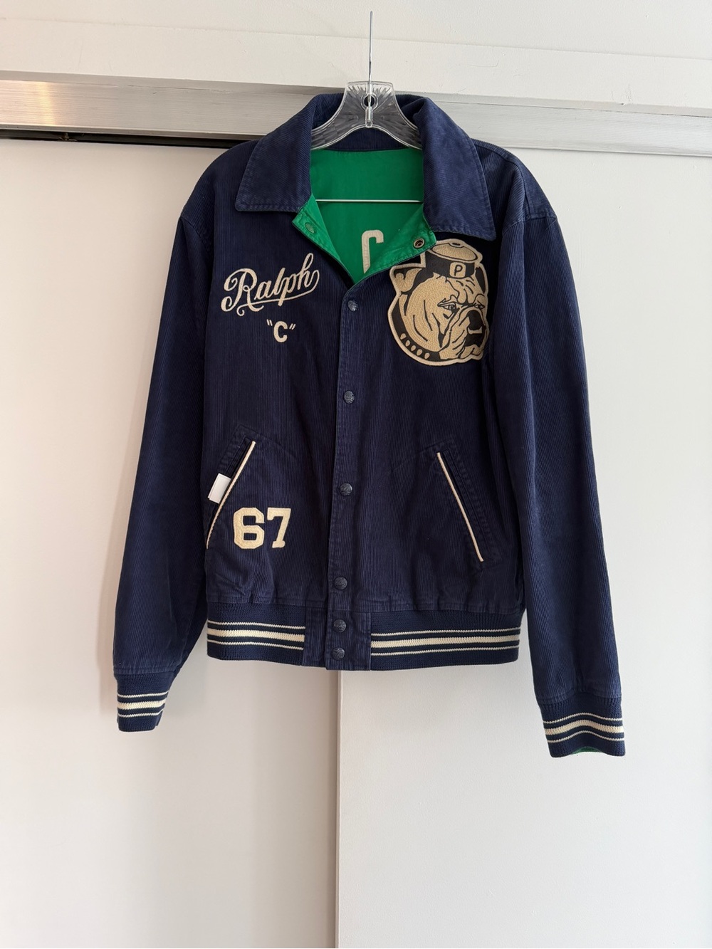 Reversible Ralph Lauren Polo Navy and Green Bomber Jacket with Bulldog Patch